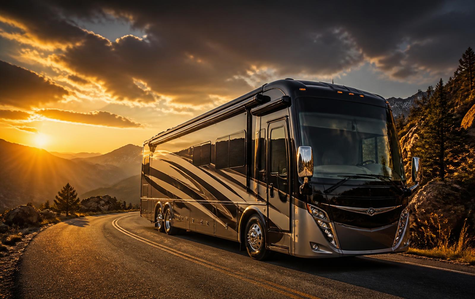 Motorhome em estrada ao pôr do sol